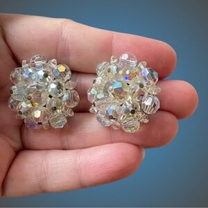 Vintage AB crystal cluster clip-on earrings midcentury aurora borealis